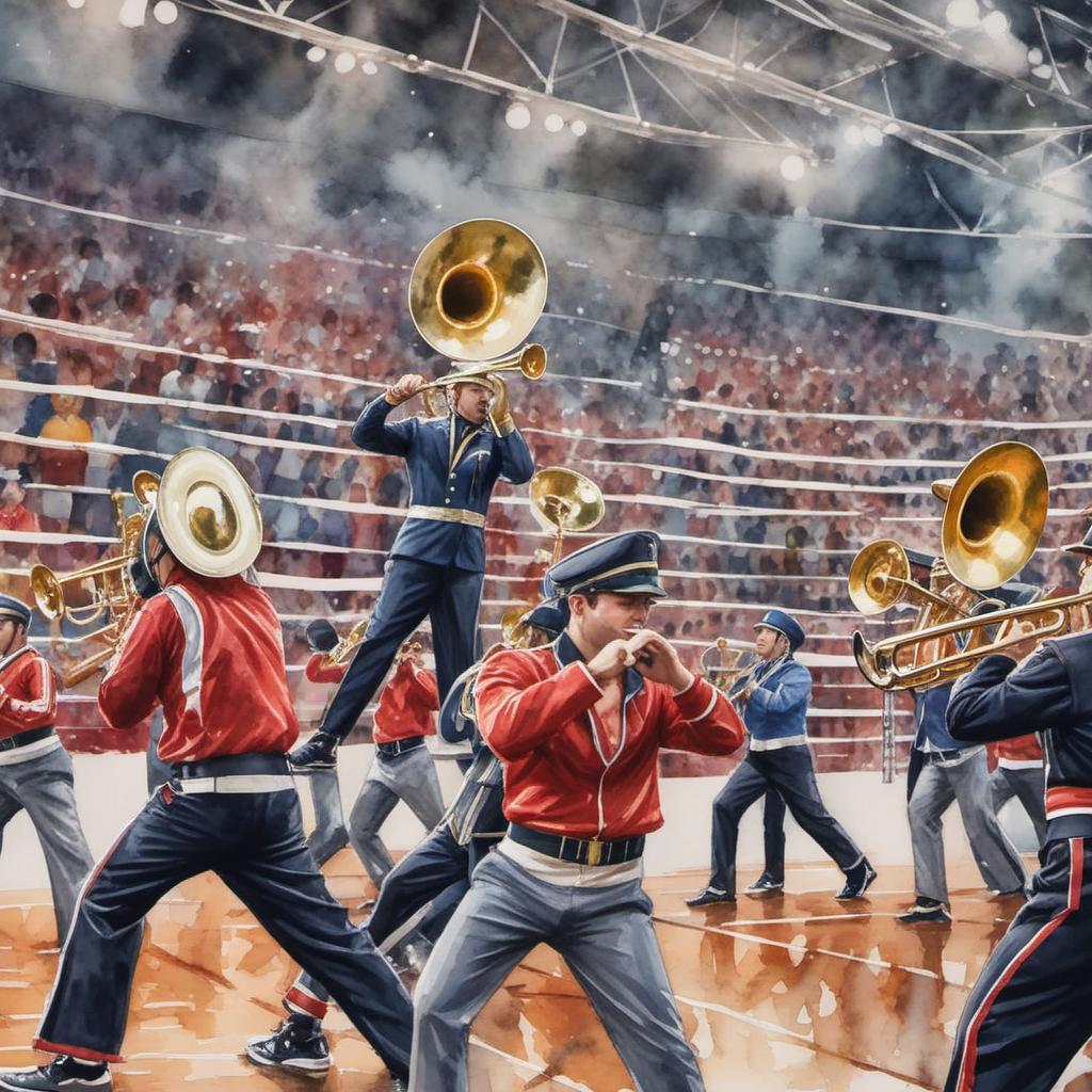  marching band playing around a boxing ring but you can’t see anyone’s faces, watercolor style