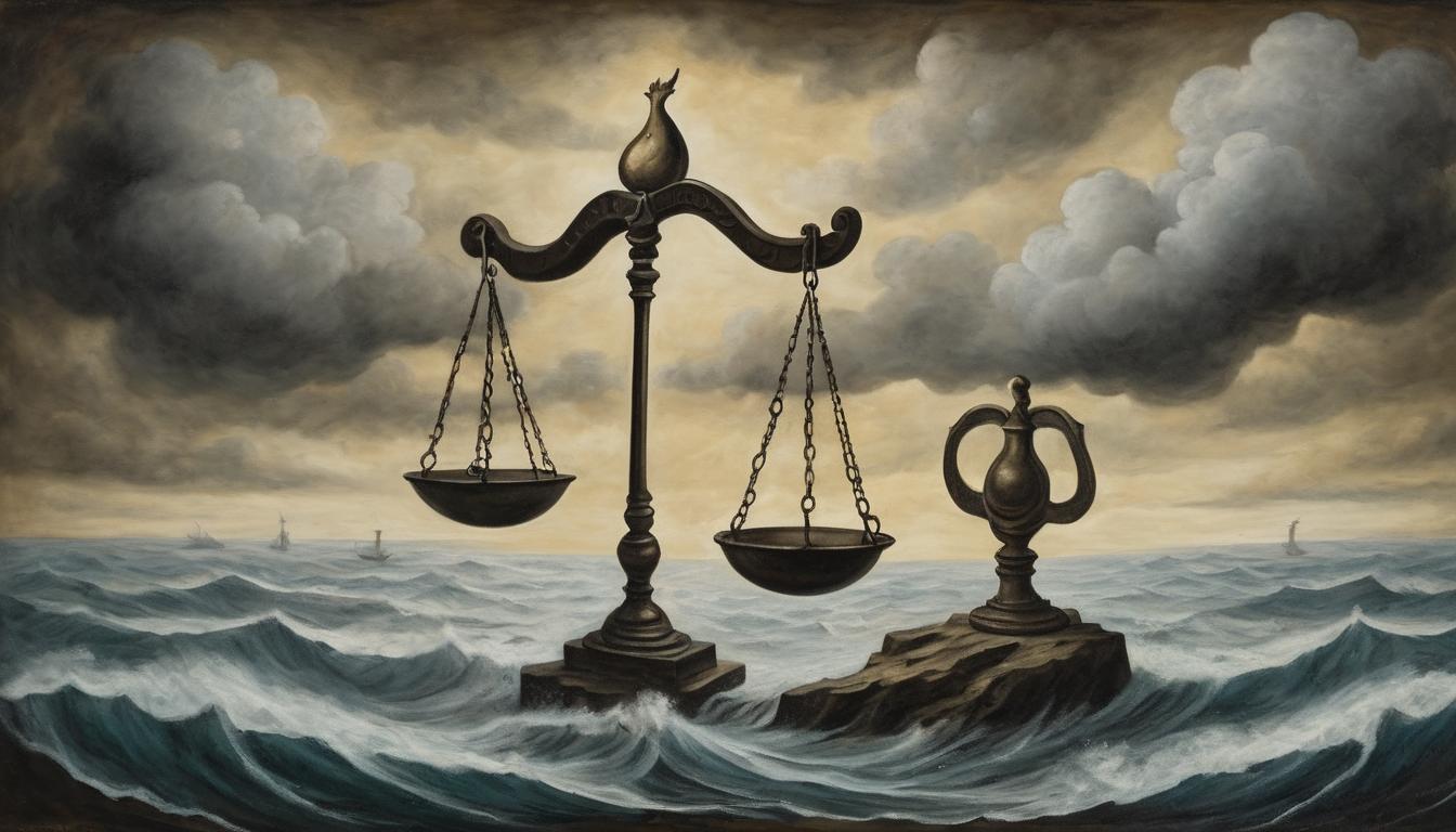  on parchment, surrealism++, ancient scales of justice, tipping against a backdrop of stormy skies, intense, judgmental(mysterious, provocative, symbolic)++