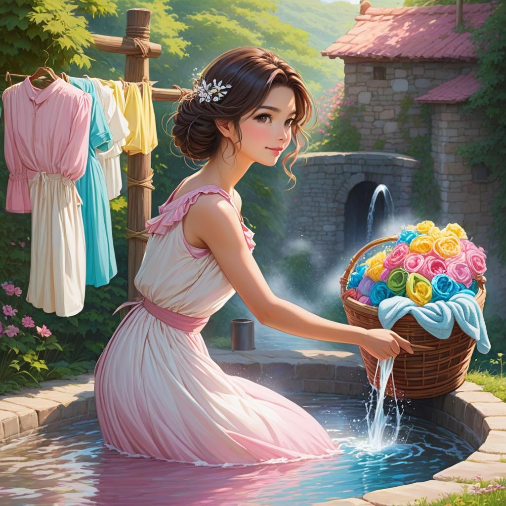  ### scene 2: washing clothes **description**: a graceful woman is washing colorful clothes in a basin next to the well. she is dressed in a flowing white and soft pink puff dress. her hair is long. a basket of laundry sits nearby., anime artwork, anime style, key visual, vibrant, studio anime, highly detailed