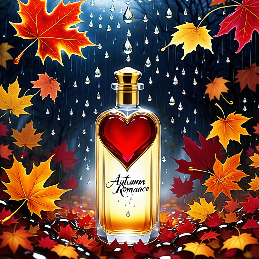  dreamscape a time for sad poems, vermouth and umbrellas. in a cloud of tart spirits autumn has come to moscow. (postcard background). elegant single transparent (unusual) perfume bottle (diamond shaped: 1.4), (bright gold liquid: 1.8), large bright rose, (scarlet: 1.3) misty fractal swirls, silver and (silver: 1.4) accents. (rain jets and raindrops), plasticity,falling maple leaves, raindrops, autumn fog, perfume bottle. "autumn romance", vintage, greeting card. autumn in the heart, (beautiful couple):man and woman, two faces in profile created from raindrops, heart (heart), beautiful figure made of maple leaves outlines in the shape of a heart. (heart colour): night sky background, the figure is gold. (style):fantasy, autumn art, autumn r