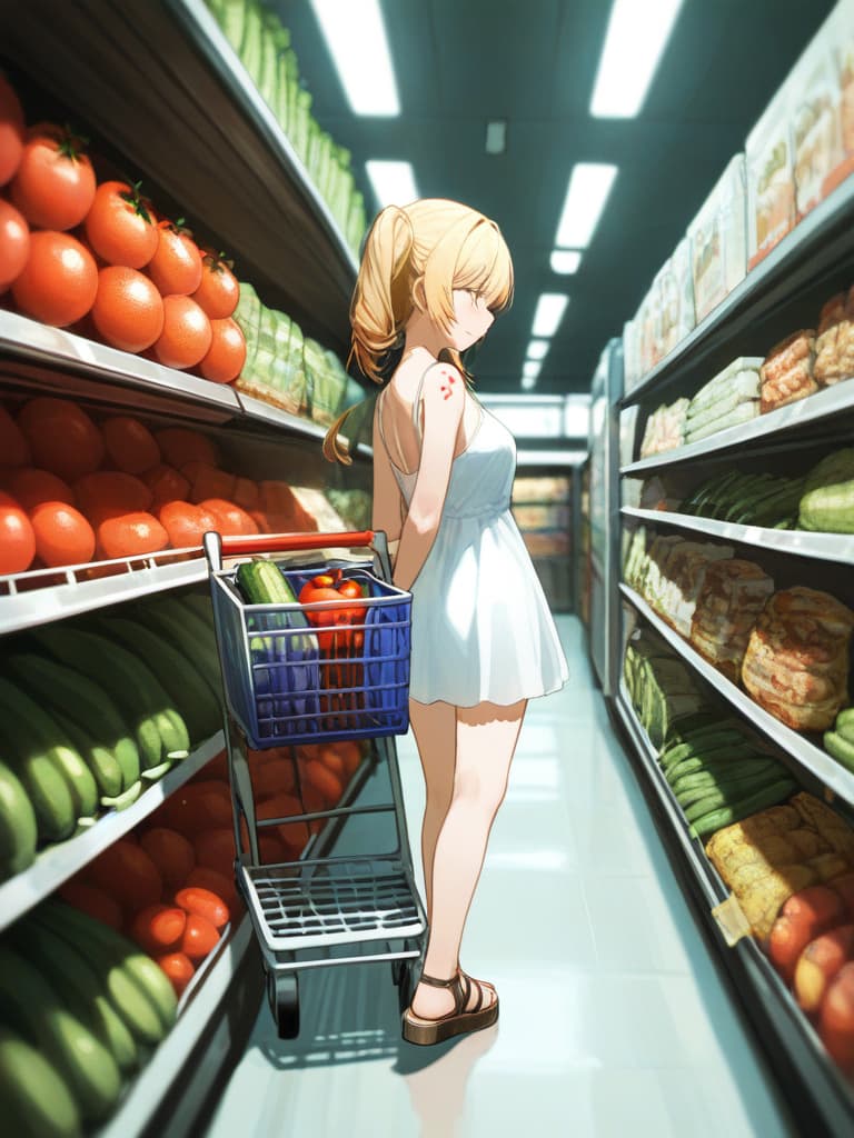  with tomatoes, blonde ponytails, white headphones, snakes on the legs, whole body, walking figure, girls on their arms, girls wearing white dresses, shopping carts, pressing shopping carts, gestures, shopping carts. is contained eggplant and celery, a small wing tattoo on the back, a snake tattoo on the thigh, a snake tattoo on the thigh, a thick bottom sandals., masterpiece, best quality,8k,ultra detailed,high resolution,an extremely delicate and beautiful,hyper detail