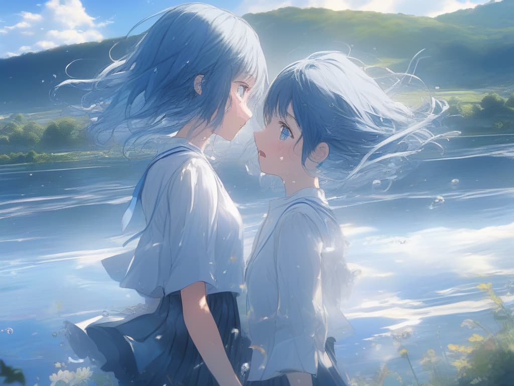  white shirts, blue hair short, black skirts, blue eyes, girls, above water, under blue sky, small white corners, girls, crying, crying, short hair, masterpiece, best quality,8k,ultra detailed,high resolution,an extremely delicate and beautiful,hyper detail