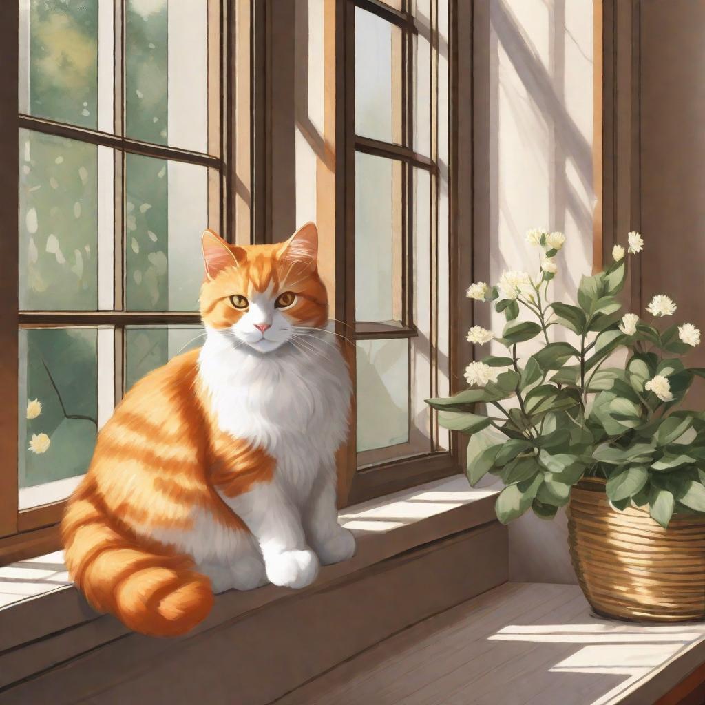  masterpiece, best quality, "A cute, fluffy orange cat, just like the one in the shared image, sits on a cozy windowsill. The cat’s large, round eyes gaze up, giving an adorable, innocent expression. Its soft fur glows in the warm sunlight streaming through the window, highlighting the subtle stripes in its coat. The background is softly blurred, focusing all attention on the cat’s irresistible, charming look, making the scene feel cozy and heartwarming."