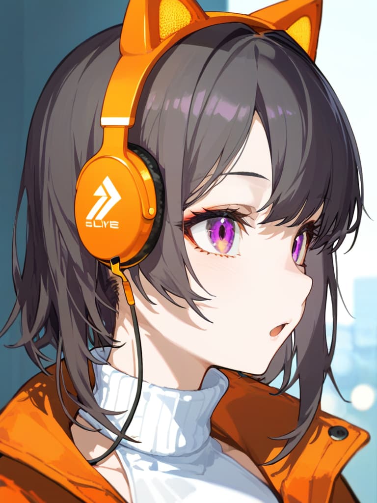  (wearing a black cat ear hat: 1.2), hanging orange headphones on the neck, masterpiece, open mouth, best quality, (purple eyes: 1.3), (close up: 1.2), from front, medium hair, earth earring, (silverbeige hair: 1.2), (orange oversided jacket), shoulder gaps, (white turtleneck: 1.1), (triangle hair pin: 1.3), triangle hairping