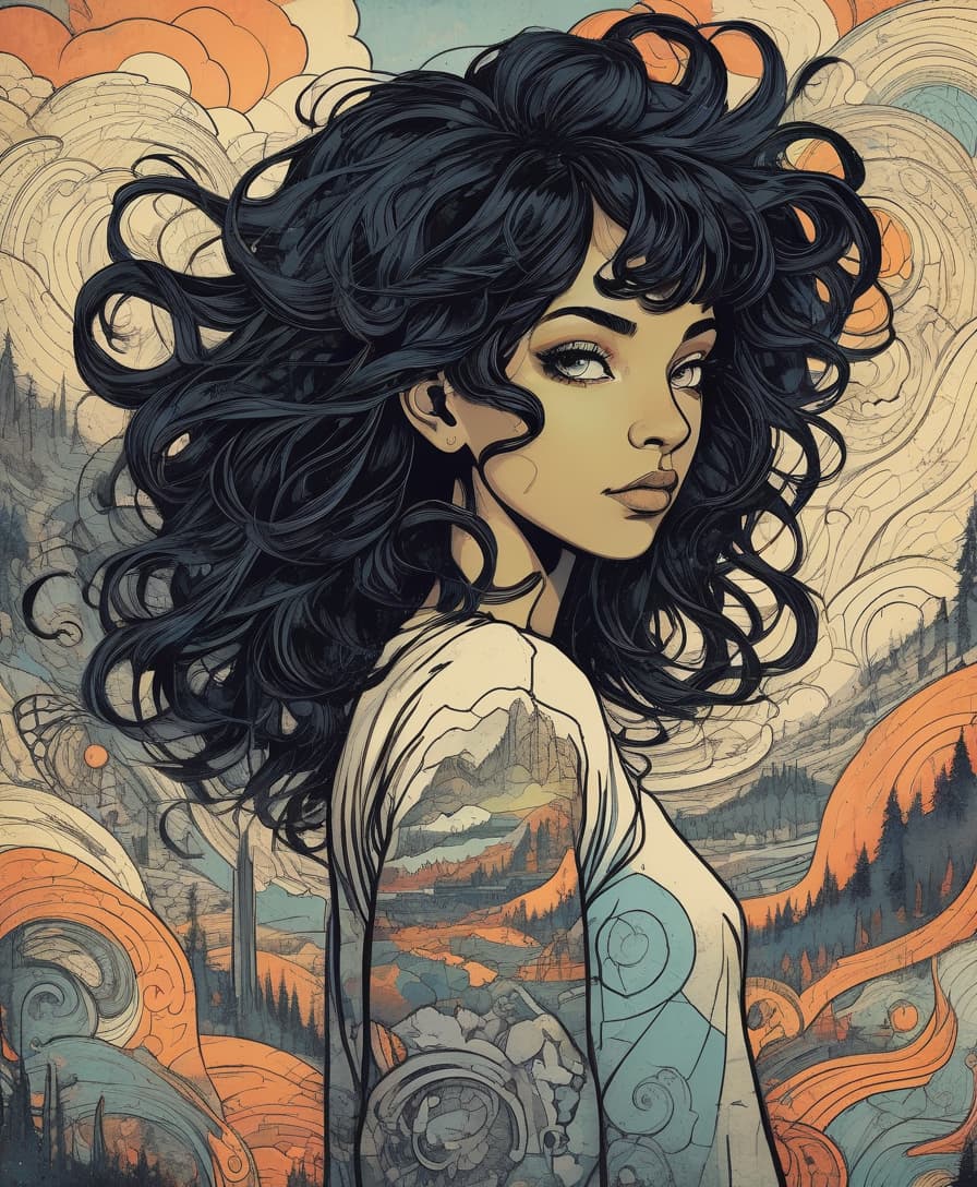  grunge style light, centered, colorful, modern illustration of a girl with wild swirling black hair full of landscapes. portrait, fibonacci sequence, tessellation, art nouveau, heavy outline comic book . textured, distressed, vintage, edgy, punk rock vibe, dirty, noisy