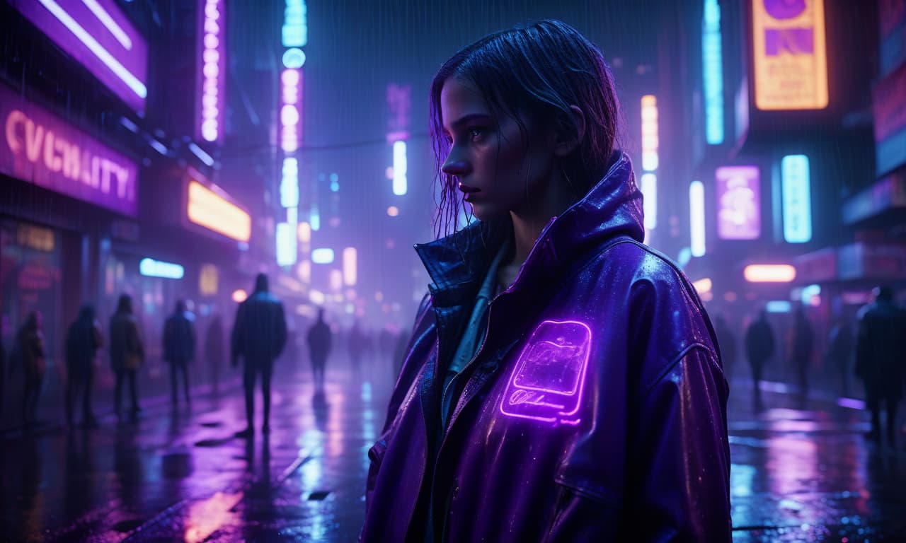  cinematic film still night city, cyberpunk, a lot of neon signs, rain, the girl goes to meet, wrapped in a jacket, high resolution, photorealism, a lot of purple tones . shallow depth of field, vignette, highly detailed, high budget, bokeh, cinemascope, moody, epic, gorgeous, film grain, grainy