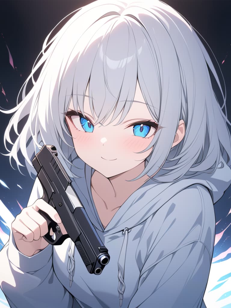  white hair, short bob, blue eyes, energy, boy, hoodie, large hoodie, handgun, smile, knife, masterpiece, best quality,8k,ultra detailed,high resolution,an extremely delicate and beautiful,hyper detail