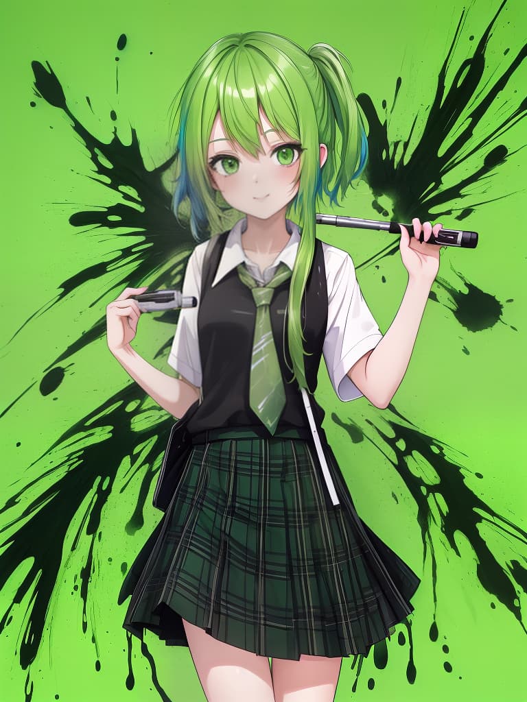  (4k 8k:1.3),(ultra hd:1.5),(accurate image quality:1.5),green haired schoolgirl on colorful grunge splat background with ink painting