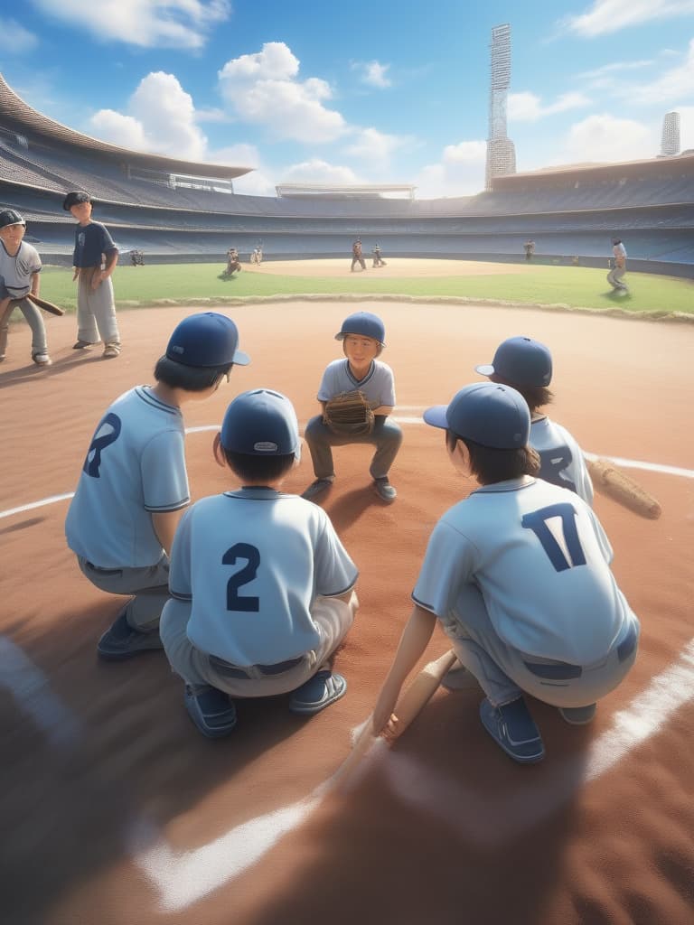  the background is ground, multiple boys are playing baseball, the sky is fine, masterpiece, best quality,8k,ultra detailed,high resolution,an extremely delicate and beautiful,hyper detail