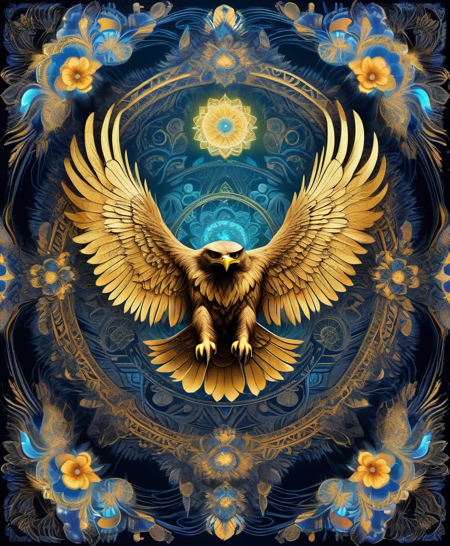  expressionist masterpiece, hdr 8k, digital image. conceptual art. (a bird of prey, the golden eagle, soars in the sky, spreading its wings, stalking prey), appearing in ancient russian ethnic ornaments that make up a symmetrical mandala consisting of an endless forest, a wide flowing river and majestic mountains, the mandala is decorated with a fantastic ice pattern). abstract elements: stones, tree leaves, flowers. the effect of dissolving the natural shades of fur in sky waves. filigree finishes, mysterious neon glowing accents, intricate. stylization. neo rococo style. stylish, dynamic, atmospheric. background dissolving abstract patterns in the space:: vignetting:: complex ethnic ornament. mystery, fantasy surrealism. high detail. hig