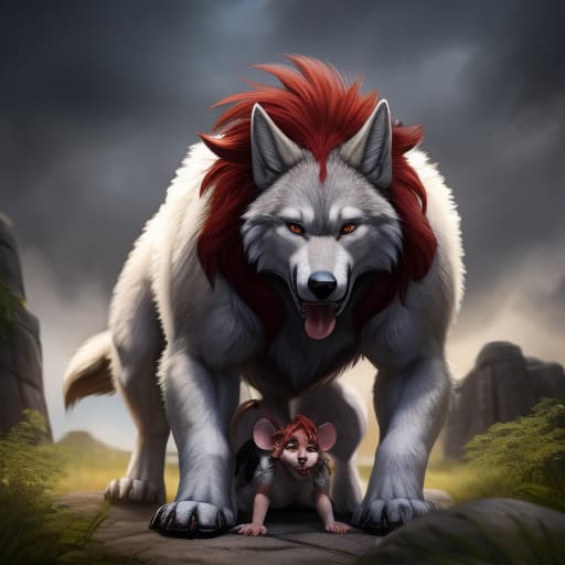  Feral wolf with white and silver fur anally penetrating tiny anthro mouse with white fur and red hair. Forced penetration. Anal. Primal. size difference. Feral on anthro. Feral wolf knotted . ming. Howl., open eyes, digital art, masterpiece, 4k, fine details,