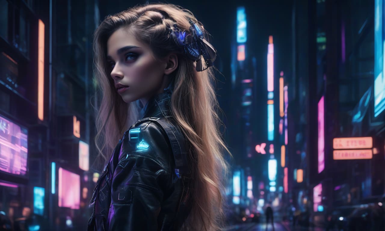  1 girl, of gabriela, black ribbon design, dutch angle, detailed hair, detailed facial features, detailedeyes, detailed lips, intricate hairstyle, long flowing hair, cyber punk, neon lights, glowing neon, dark futuristic city, moody lighting, film composition, dynamic camera angle, hight contrast, bright coloured, (best qualityer,4k,8K,high resolution,work of art:1.2),ultra detali,(realisitic,photorealisitic,photo realisitic:1.37)