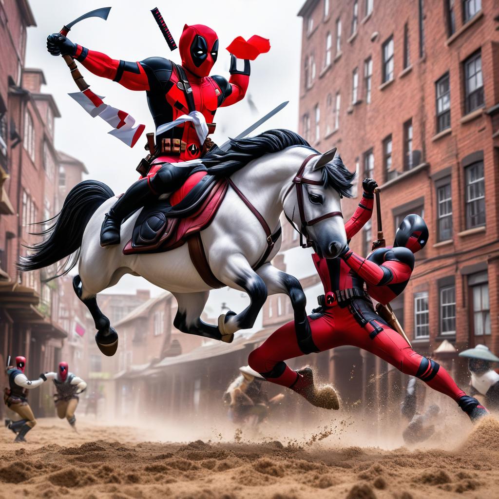  a pony is rearing its hind legs as deadpool is falling off the pony, award winning, professional, highly detailed, masterpiece