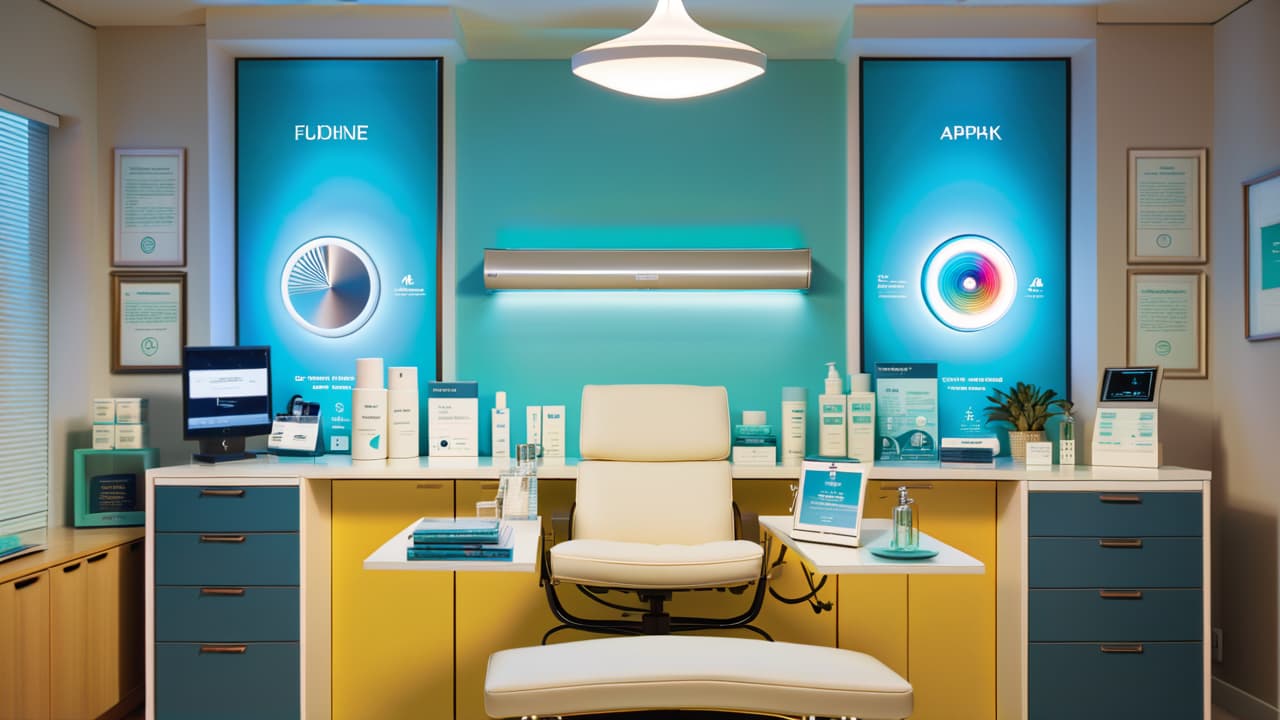  a serene dermatologist's office featuring a modern skincare display. luxurious skincare products elegantly arranged alongside affordable options, with soft lighting highlighting their textures. a stethoscope and skincare charts subtly incorporated in the background. hyperrealistic, full body, detailed clothing, highly detailed, cinematic lighting, stunningly beautiful, intricate, sharp focus, f/1. 8, 85mm, (centered image composition), (professionally color graded), ((bright soft diffused light)), volumetric fog, trending on instagram, trending on tumblr, HDR 4K, 8K