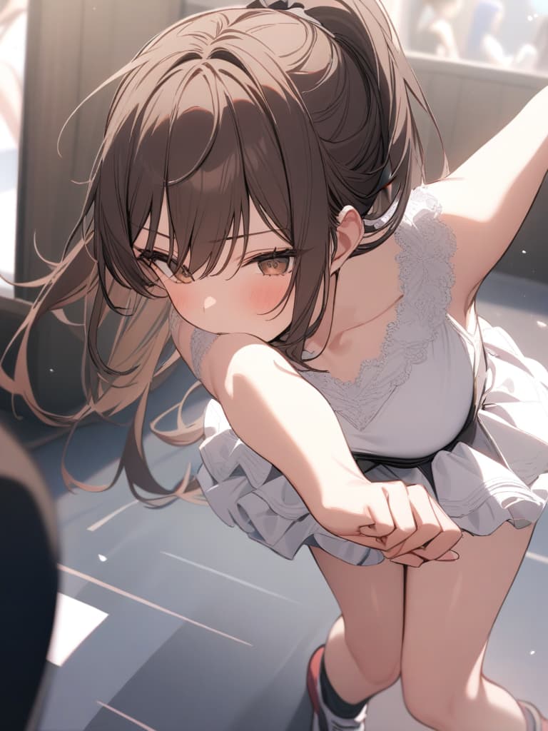  dancing, cheer dance, brown hair, brown eyes, ponytail, girl, cute, masterpiece, best quality,8k,ultra detailed,high resolution,an extremely delicate and beautiful,hyper detail