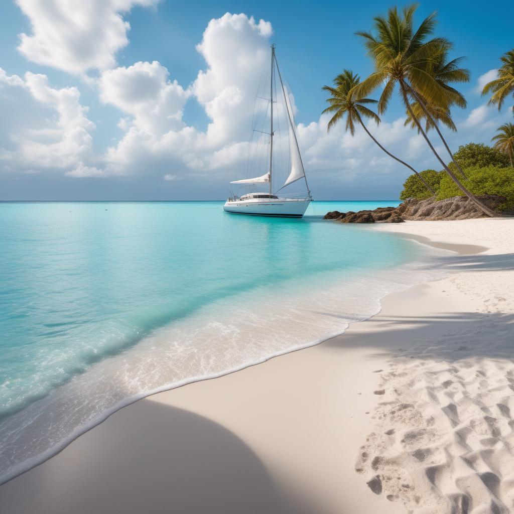  A tranquil beach scene with clear turquoise water, gentle waves lapping at the shore, and soft white sand. In the background, there are a few scattered palm trees swaying in the breeze, and a bright blue sky with fluffy white clouds. A small sailboat can be seen in the distance on the horizon, creating a peaceful and picturesque seaside atmosphere. hyperrealistic, full body, detailed clothing, highly detailed, cinematic lighting, stunningly beautiful, intricate, sharp focus, f/1. 8, 85mm, (centered image composition), (professionally color graded), ((bright soft diffused light)), volumetric fog, trending on instagram, trending on tumblr, HDR 4K, 8K