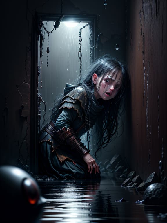  master piece, best quality, ultra detailed, highres, 4k.8k, Young , Struggling to escape, crying, and scared, Fearful, BREAK Rescue and very, Dark and damp room, Rusty , dim light, water droplets, small window, BREAK Gloomy and oppressive, Subtle teardrops, dim lighting, V0id3nergy