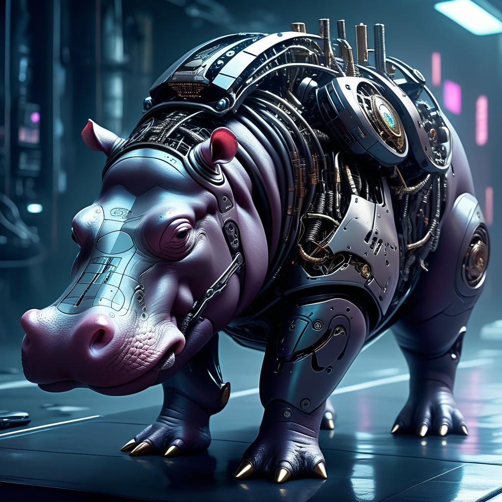  biomechanical cyberpunk hippo makes money . cybernetics, human machine fusion, dystopian, organic meets artificial, dark, intricate, highly detailed