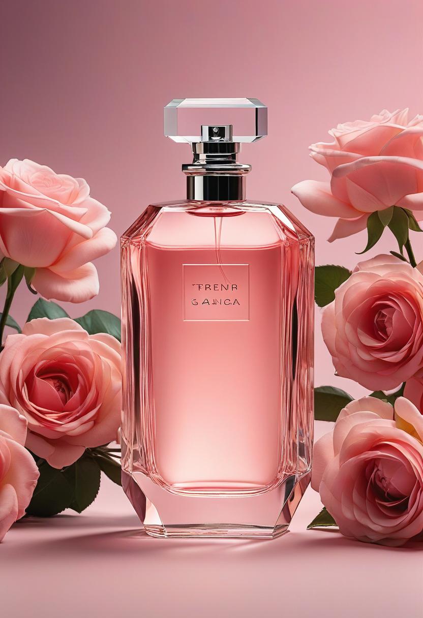  fashion editorial style front view of a transparent perfume bottle without a logotype 1.2) without text1.2) without a name1.2)) with a luxurious design, surrounded by fresh roses on a pink background, layouts for advertising. space for text, photos, excellent detail, realistic 8k photos, clear focus, high resolution, ultra high resolution, close up shots, professional photo . high fashion, trendy, stylish, editorial, magazine style, professional, highly detailed hyperrealistic, full body, detailed clothing, highly detailed, cinematic lighting, stunningly beautiful, intricate, sharp focus, f/1. 8, 85mm, (centered image composition), (professionally color graded), ((bright soft diffused light)), volumetric fog, trending on instagram, trending on tumblr, HDR 4K, 8K