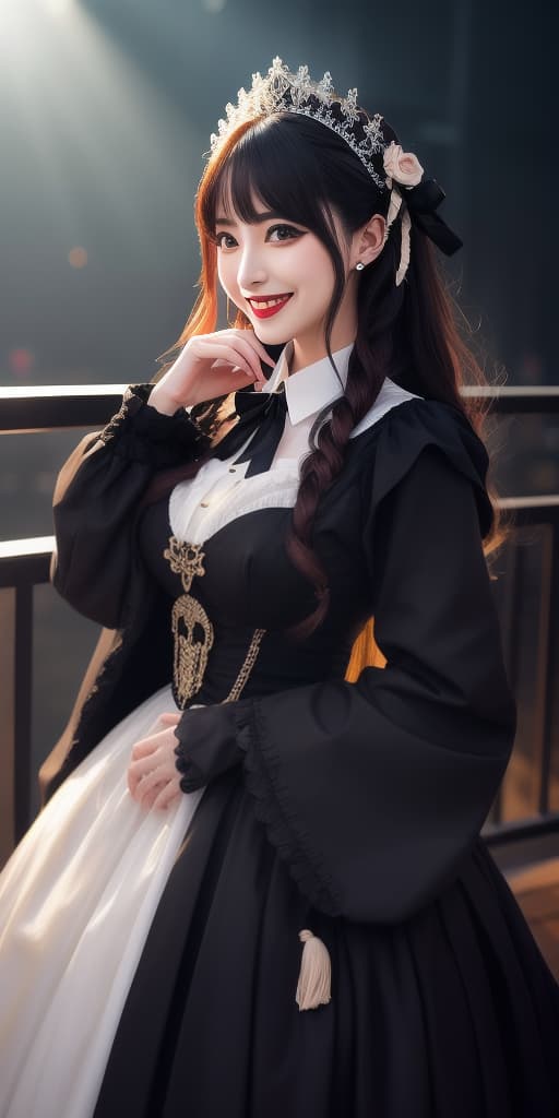  (RAW capture: 1.2), 32K quality, Masterpiece, Raw image, Dramatic lighting, Concert venue, Gothic Lolita fashion, (Photorealistic: 1.4), (Masterpiece: 1.3), (Top quality: 1.4), Beautiful, lovely Japanese woman, (Kanna Hashimoto) (((Big smile))) hyperrealistic, full body, detailed clothing, highly detailed, cinematic lighting, stunningly beautiful, intricate, sharp focus, f/1. 8, 85mm, (centered image composition), (professionally color graded), ((bright soft diffused light)), volumetric fog, trending on instagram, trending on tumblr, HDR 4K, 8K