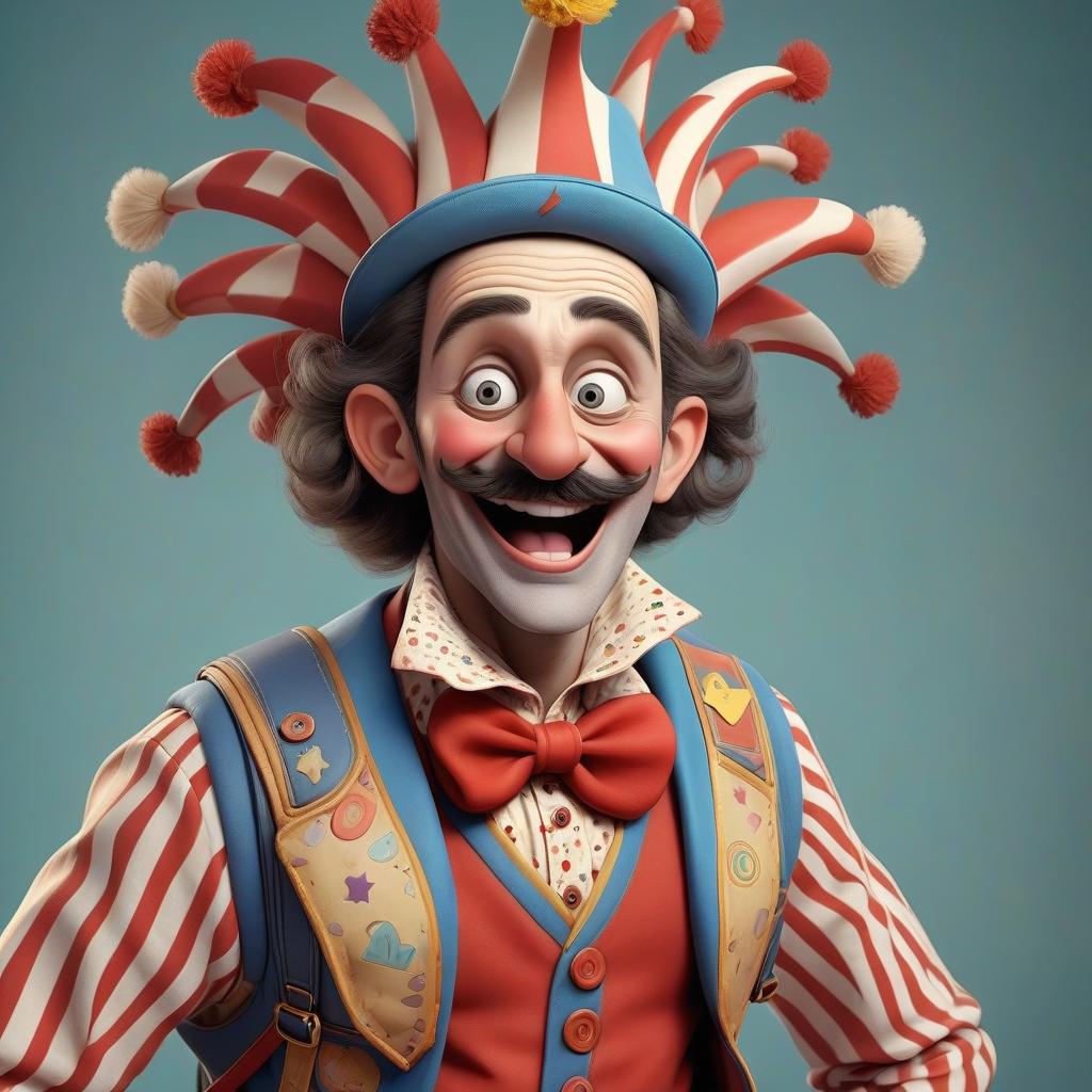  a circus man who is musical, funny, friendly with children. the clothes are bright, with large pockets. the headdress is original with notes. he has a backpack on his back