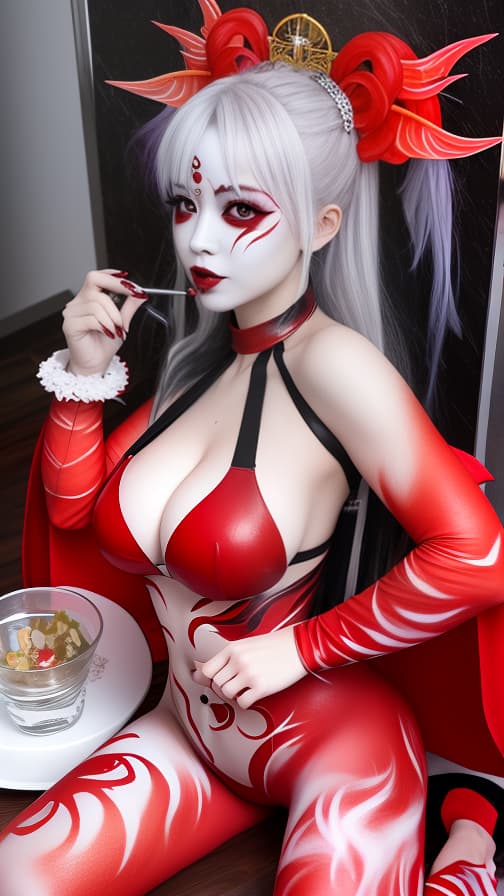  Full body red flame pattern body paint,silver body paint on the whole body, White face paint on the face, succubus 女性