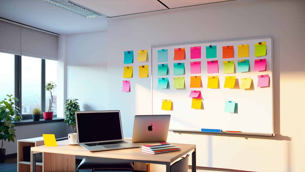  create an image of a sleek office setting with a whiteboard displaying five colorful, neatly arranged sticky notes. each note represents a distinct smart goal, surrounded by a laptop, planner, and coffee cup. hyperrealistic, full body, detailed clothing, highly detailed, cinematic lighting, stunningly beautiful, intricate, sharp focus, f/1. 8, 85mm, (centered image composition), (professionally color graded), ((bright soft diffused light)), volumetric fog, trending on instagram, trending on tumblr, HDR 4K, 8K