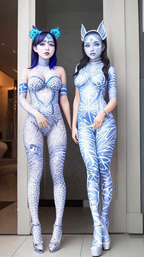  Blue and White Spider-patterned body paint in every corner of the whole body, full-body, silver body paint,Silver face paint on the face,Two elfs 女性