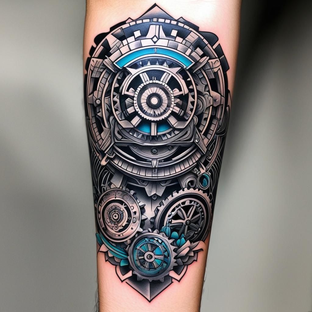  expose gears and mechanical arm mix with mayan culture., (tattoo), (sleeve tattoo design on the arm)