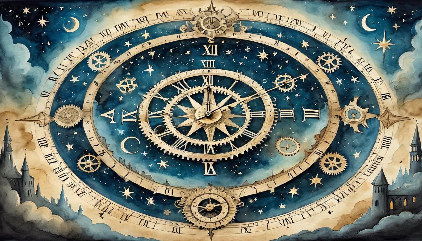  on parchment, surrealism+++, celestial clock in the night sky, gears interlocking with stars, ethereal glow, divine, precise, cosmic alignment(mysterious, provocative, symbolic,muted color)+++