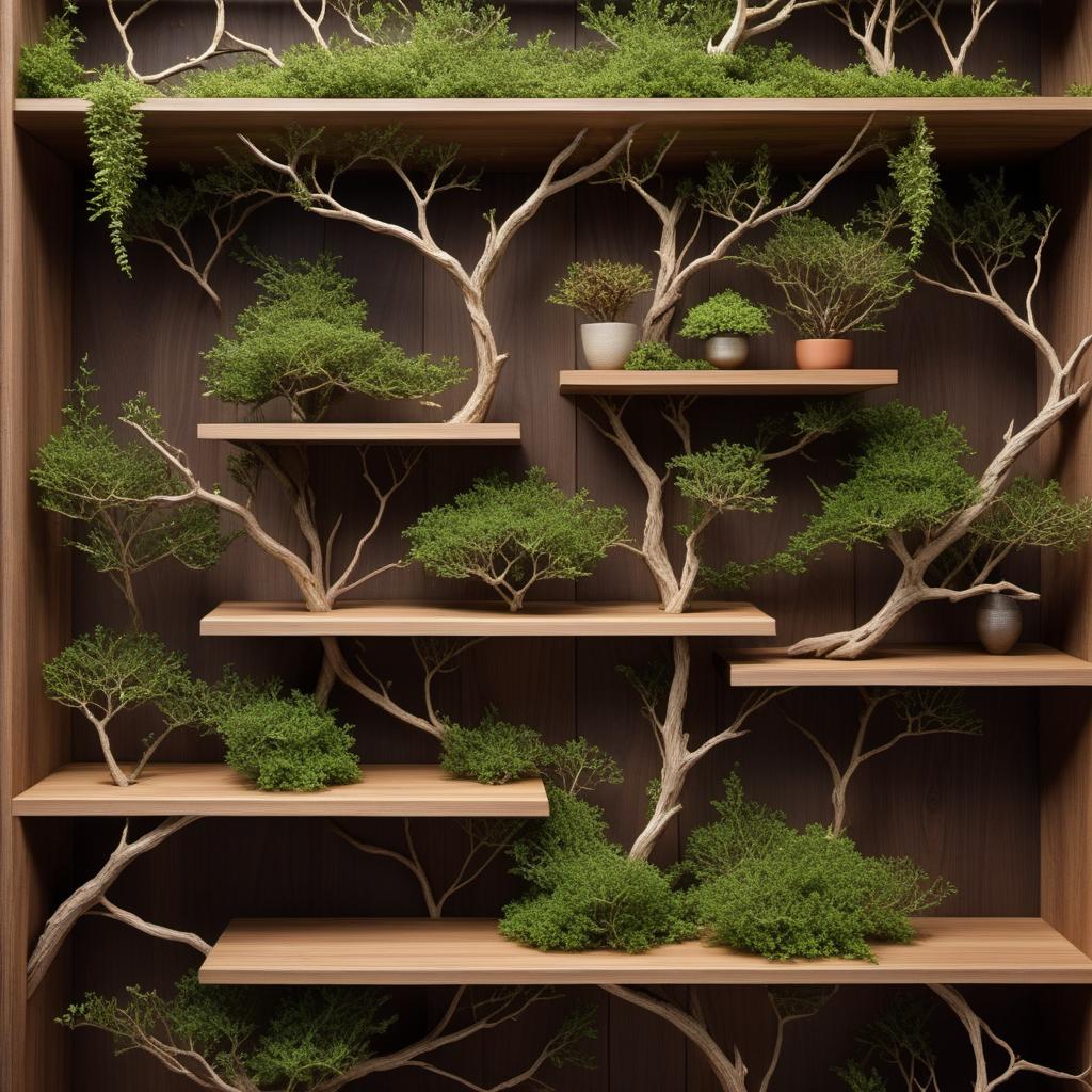  a shelf made of tiny branches, natural wood texture, rustic and organic appearance, intricate branch network creating shelves hyperrealistic, full body, detailed clothing, highly detailed, cinematic lighting, stunningly beautiful, intricate, sharp focus, f/1. 8, 85mm, (centered image composition), (professionally color graded), ((bright soft diffused light)), volumetric fog, trending on instagram, trending on tumblr, HDR 4K, 8K