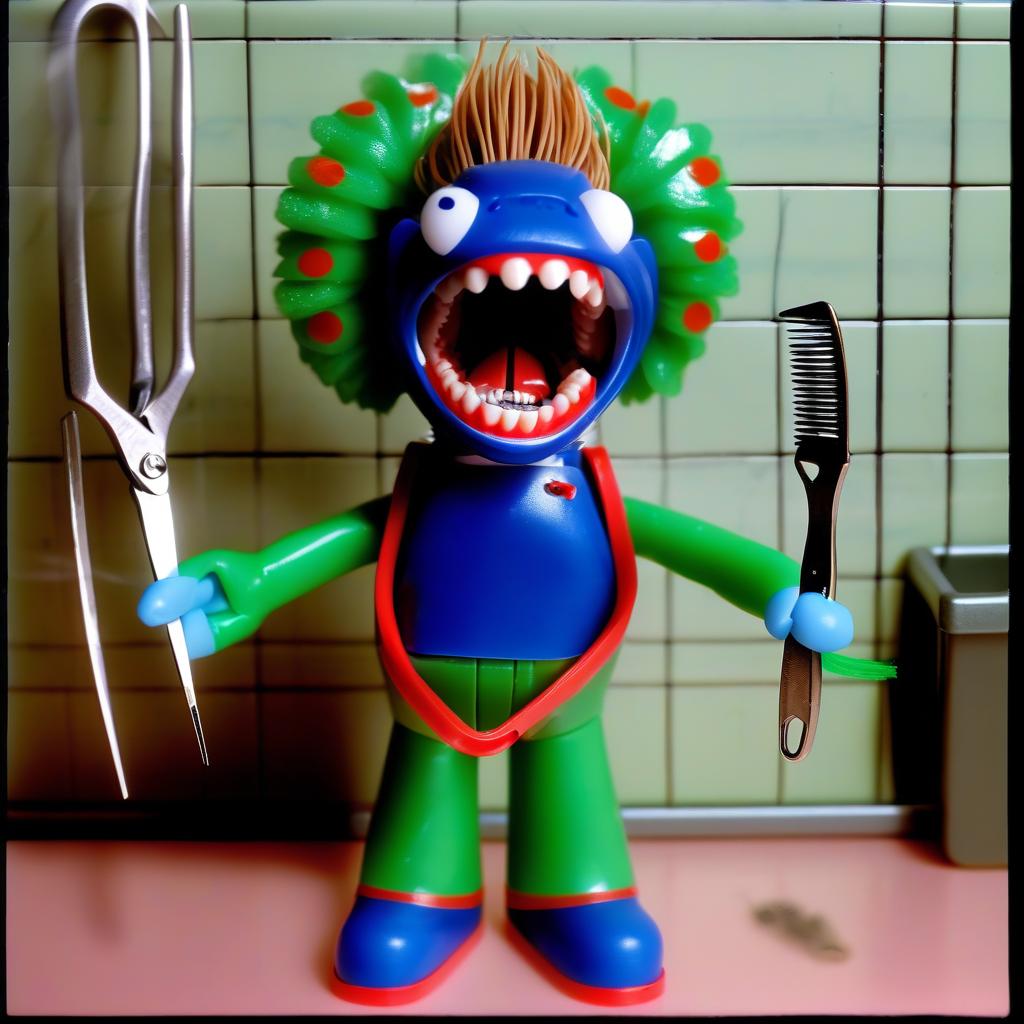  an action figure holding scissors and a hair brush hands in surgical gloves tightly grip surgical instruments, in the left hand forceps with "burdizzo" jaws, in the right hand "elastrator" with a stretched elastic band