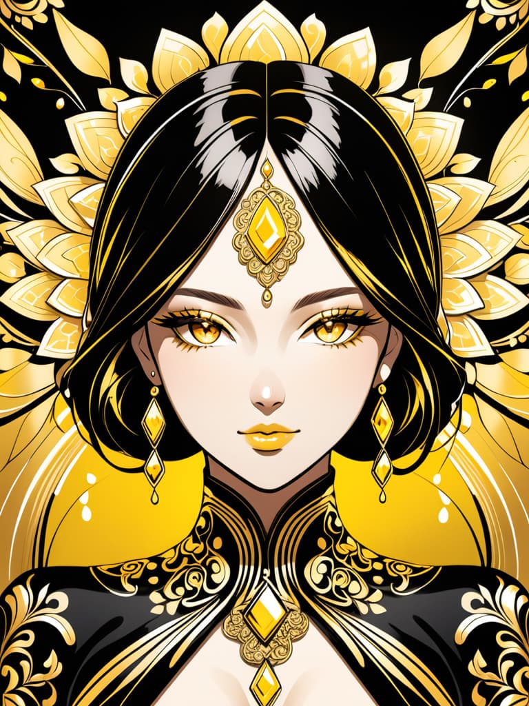  Golden yellow and sleek black color palette, captivating and inviting expression, exuding elegance and charm, magnetic beauty, intricate details, high contrast, luxurious feel, digital art, female, glossy finish, striking composition, dynamic lighting to enhance features.