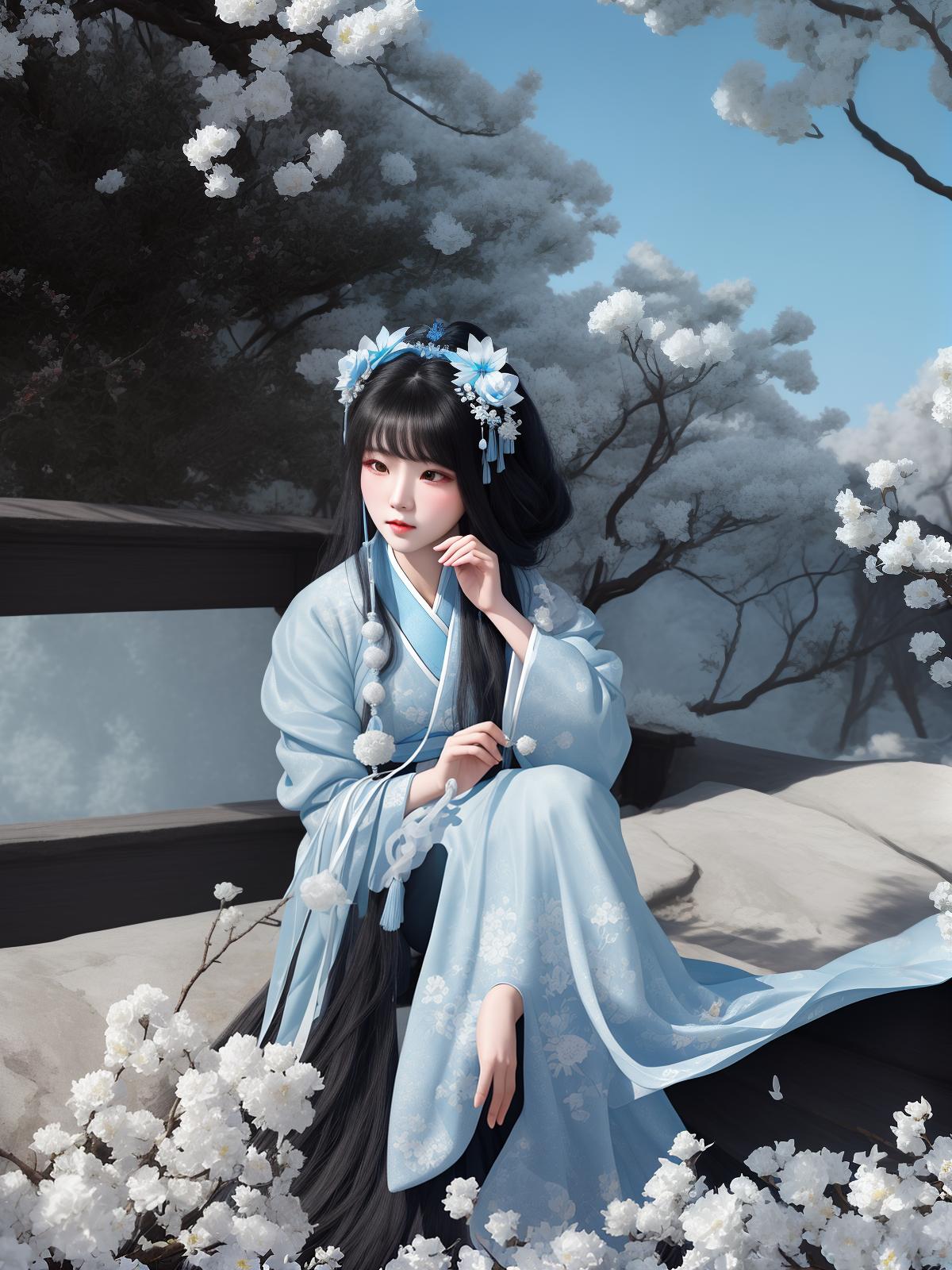  masterpiece, best quality, (fidelity: 1.4), best quality, masterpiece, ultra high resolution, poster, fantasy art, very detailed faces, 8k resolution, chinese style, an woman, side face, quiet, light blue hanfu, tulle coat, long black hair, light blue fringed hair ornament, hairpin, white ribbon, white flower bush, light blue butterfly flying, cinematic lighting effects