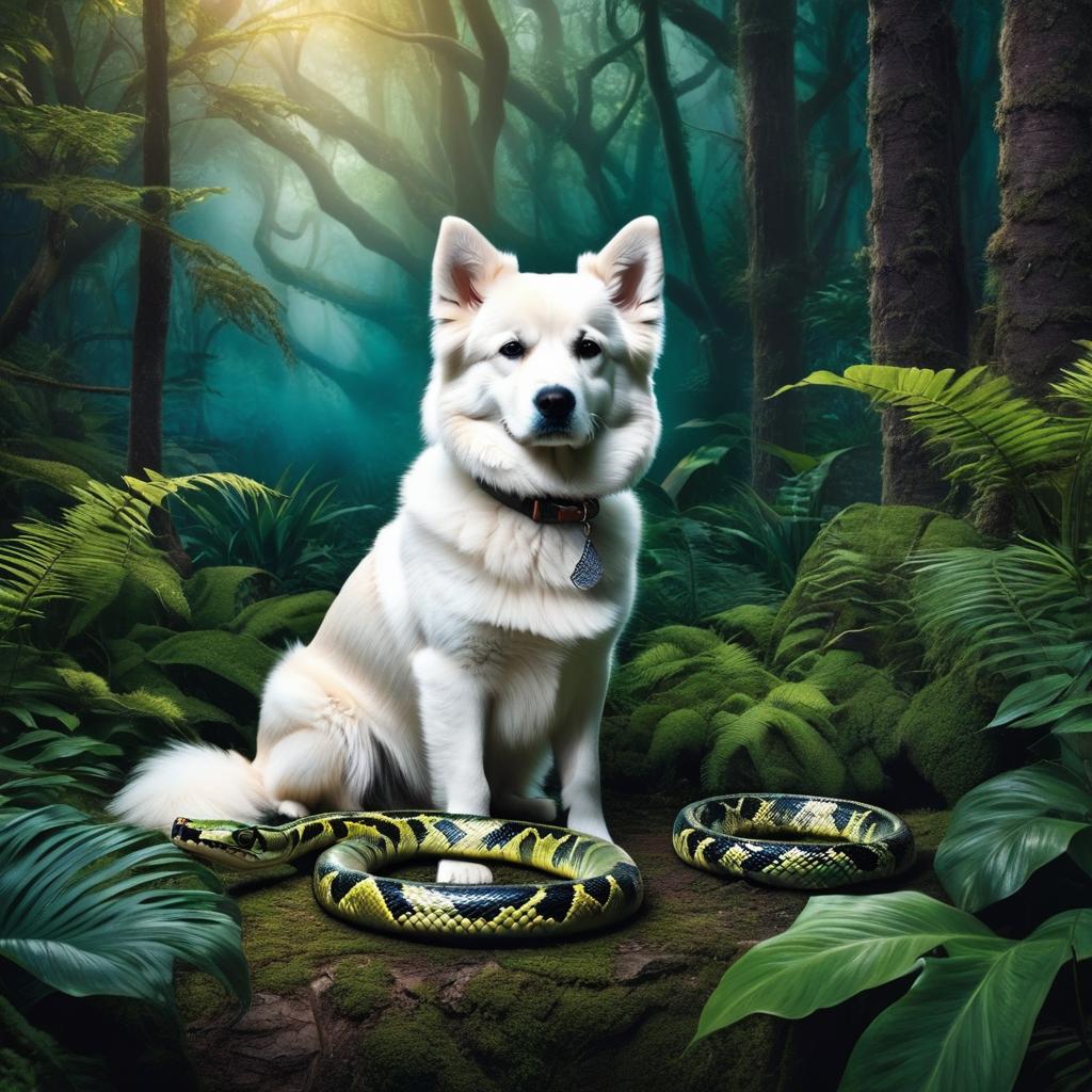  a dog and a snake in a dark fantasy forest photo realistic, highly intricate and detailed, masterpiece, ultra high res,photography,8k resolution