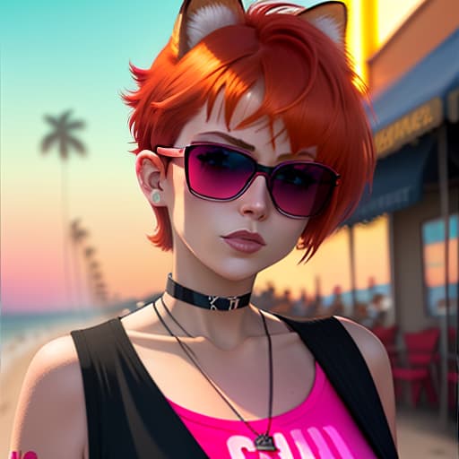  a woman with red hair, a short haircut "pixie" in sunglasses, a t shirt top, with a choker around her neck, on the head of the ear fox, stands against the background of a neon sunset. in full growth. seaside, palm shade. neon sunset, neon inscription "cherry", digital photo, high detail, high realism.