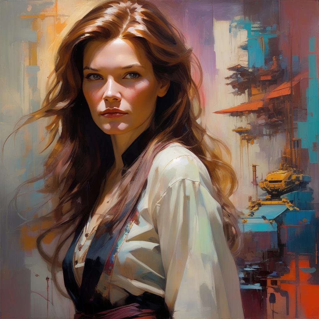  portrait captures young kathryn janeway at 20, long hair flowing, hybrid style merging the meticulous finesse of carne griffith and michael garmash with ivan shishkin's intricate realism, oriental color palette with deep, saturated hues, neon ambient lighting contrasts abstract black oil textures, mecha aesthetic intertwined with detailed acrylic brushwork, grunge elements adding raw atmosphere,