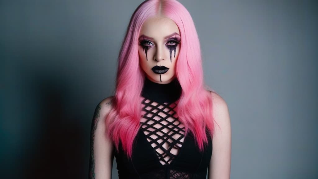  4 age women,full body shot portrait horrifying scary pale long pink hair ,full white eyes, black lips, black dripping eyeshadow tattoos,in pink cotton with pink trim