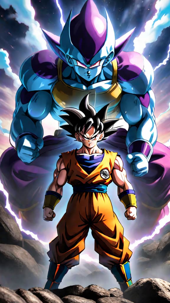  anime art: goten challenges frieza saga goku and vegeta in an epic battle of youth versus experience. hyperrealistic, full body, detailed clothing, highly detailed, cinematic lighting, stunningly beautiful, intricate, sharp focus, f/1. 8, 85mm, (centered image composition), (professionally color graded), ((bright soft diffused light)), volumetric fog, trending on instagram, trending on tumblr, HDR 4K, 8K