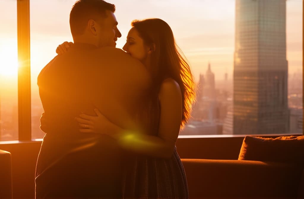  cinematic film style, loving couple hugging in skyscraper with sunset view, backlit ar 3:2, shallow depth of field, vignette, maximum details, high budget hollywood movie, bokeh, cinemascope, moody, epic, gorgeous, sun rays and shadows on furniture and surfaces, flattering light, raw photo, photography, photorealistic, 8k resolution, f1.4, sharpened focus, sharp focus