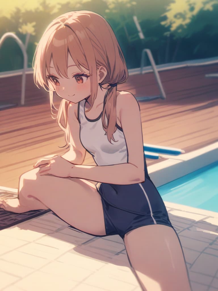  girls, twin tails, cute smiles, school swimwear, man (bulging), poolside, whole body,