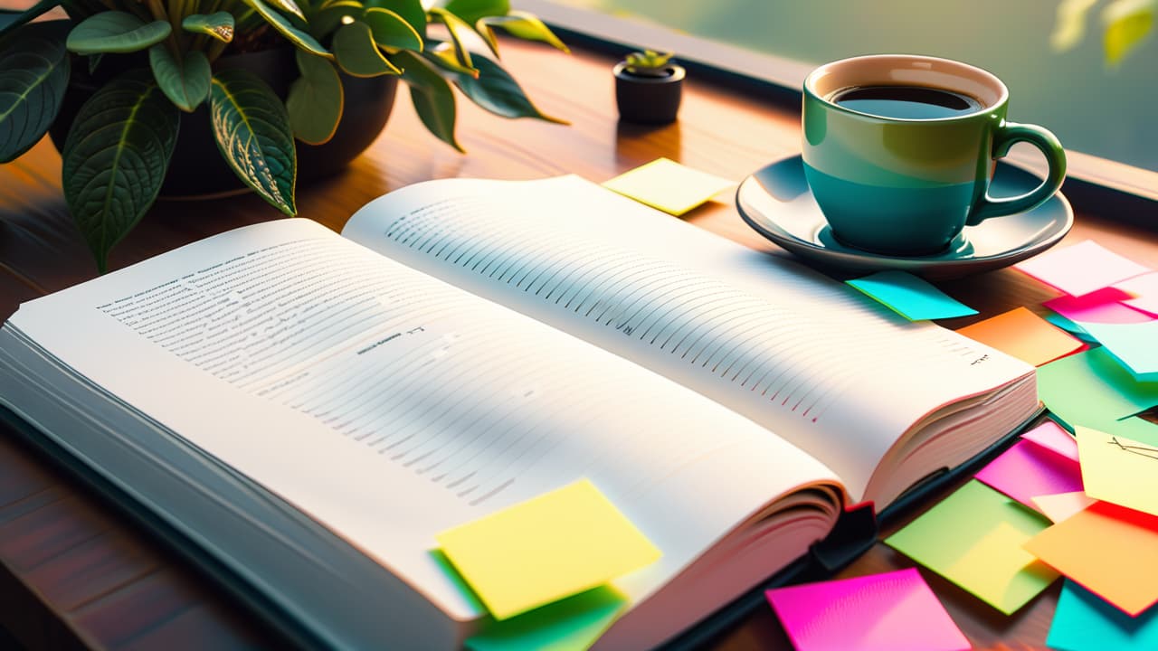  a serene workspace with a journal open to a fresh page, surrounded by colorful sticky notes, a cup of coffee, a vision board, and a plant, symbolizing clarity, planning, and motivation for goal setting. hyperrealistic, full body, detailed clothing, highly detailed, cinematic lighting, stunningly beautiful, intricate, sharp focus, f/1. 8, 85mm, (centered image composition), (professionally color graded), ((bright soft diffused light)), volumetric fog, trending on instagram, trending on tumblr, HDR 4K, 8K