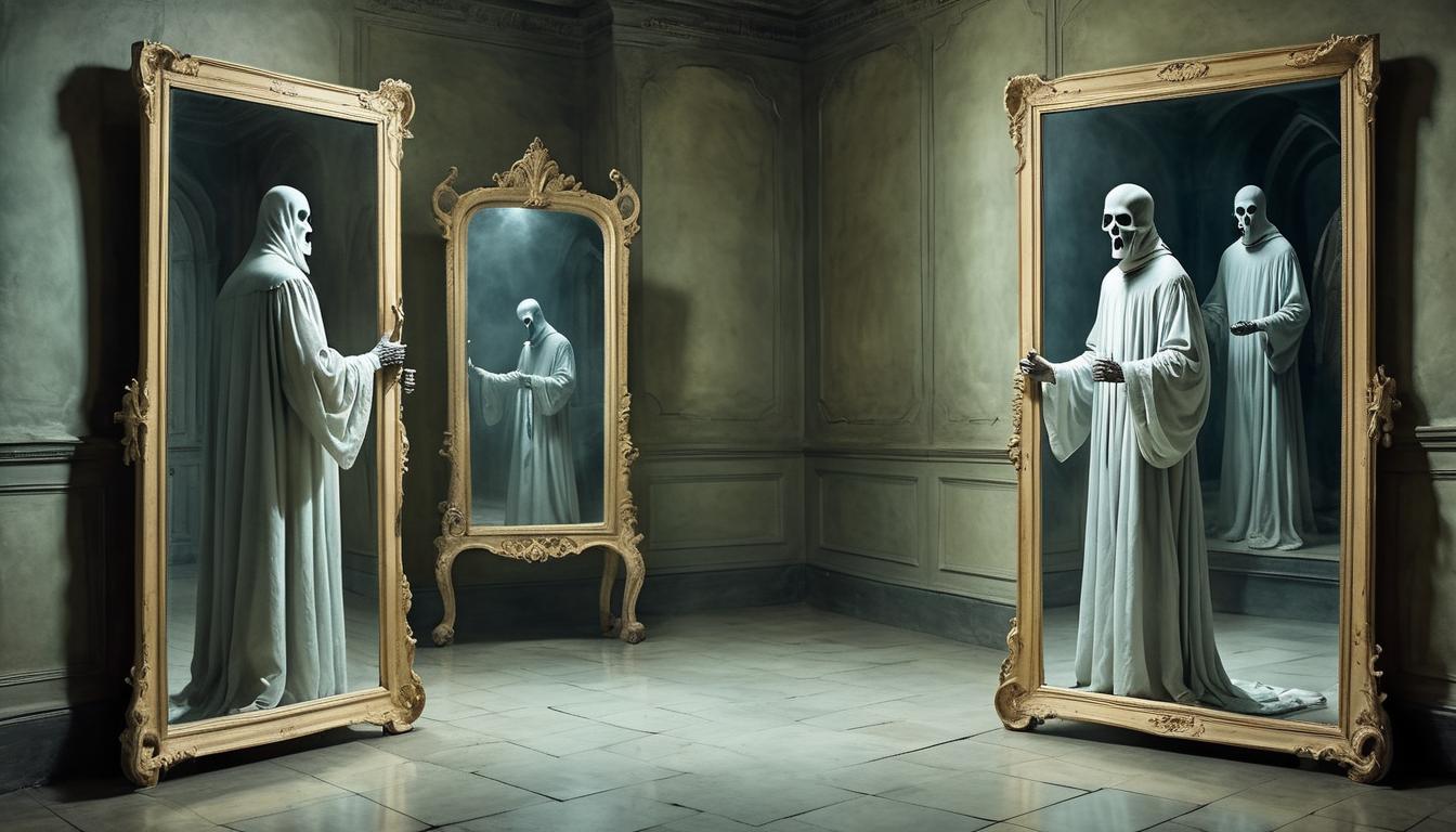  on parchment, surrealism+++, ghostly figure standing before a mirror, reflection showing its true monstrous form, confrontation with reality, eerie, haunting(mysterious, provocative, symbolic,muted color)+++