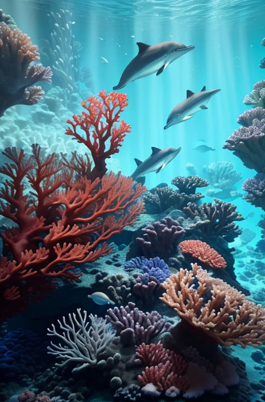  masterpiece, best quality, the beautiful deep sea is full of corals, diverse marine life and charming underwater landscapes, including corals, extremities, small fish, anemones, dolphins, various algae, caves, colorful, 8k resolution and complex details.