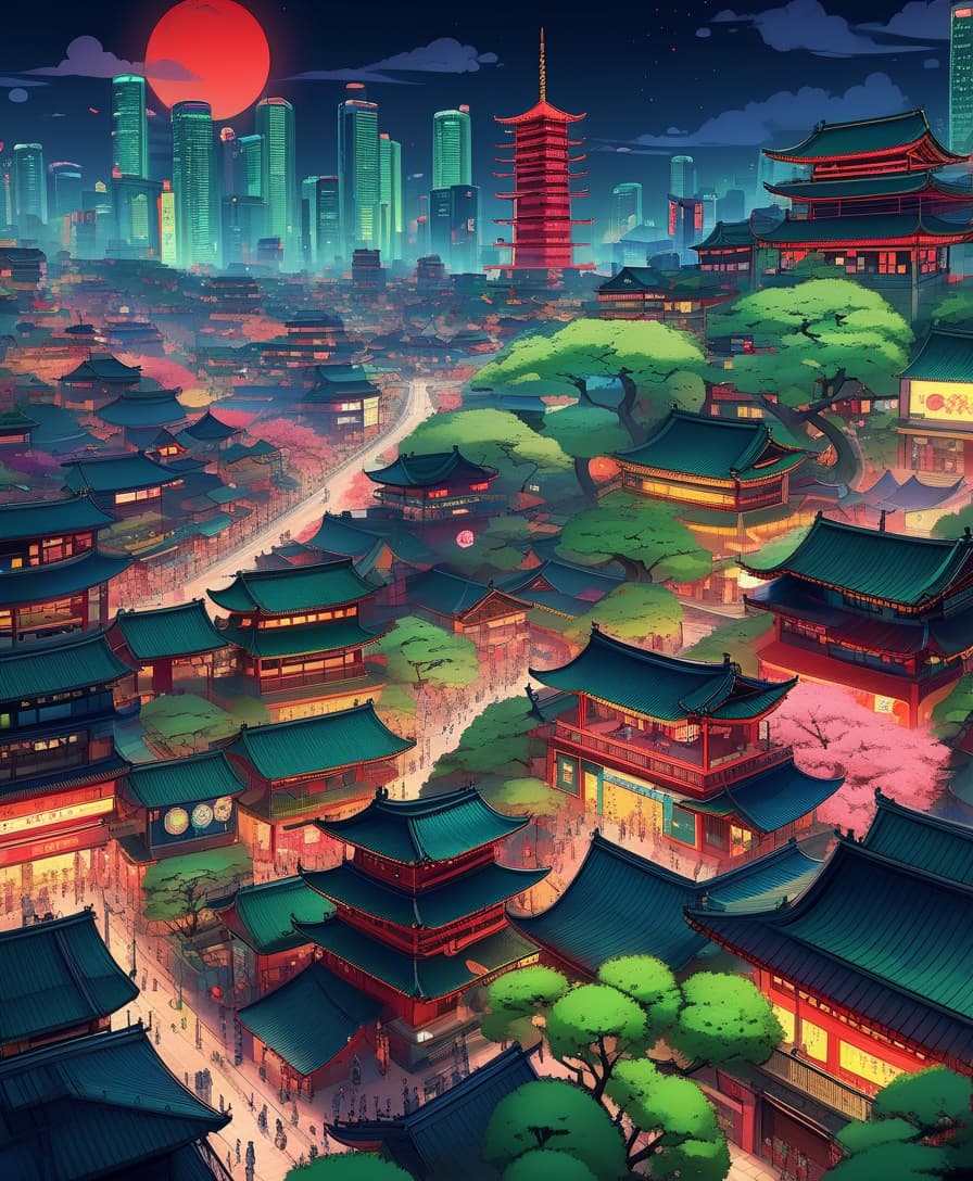  kawaii style japan, chinese, night, dream, nightmare, darkness, green nature city, futuristic city, national city, colorful, massively, huge area, many details, red, green, black, blue, yellow, city, big city, 1920x1080 resolution, full hd v 4 stylization 500 . cute, adorable, brightly colored, cheerful, anime influence, highly detailed