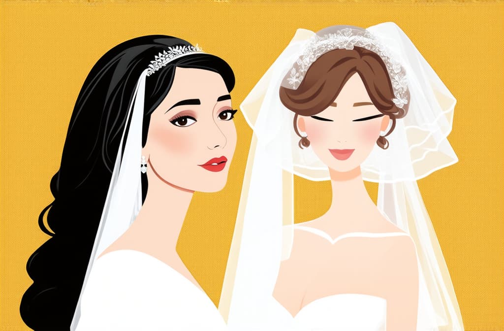  flat illustration, flaticon, (illustration:1.15), different beauty. set of different female heads in wedding veil. different races and nationalities. colored hand drawn illustration ar 3:2, [cory loftis, strobist, pascal campion :: 0.2]