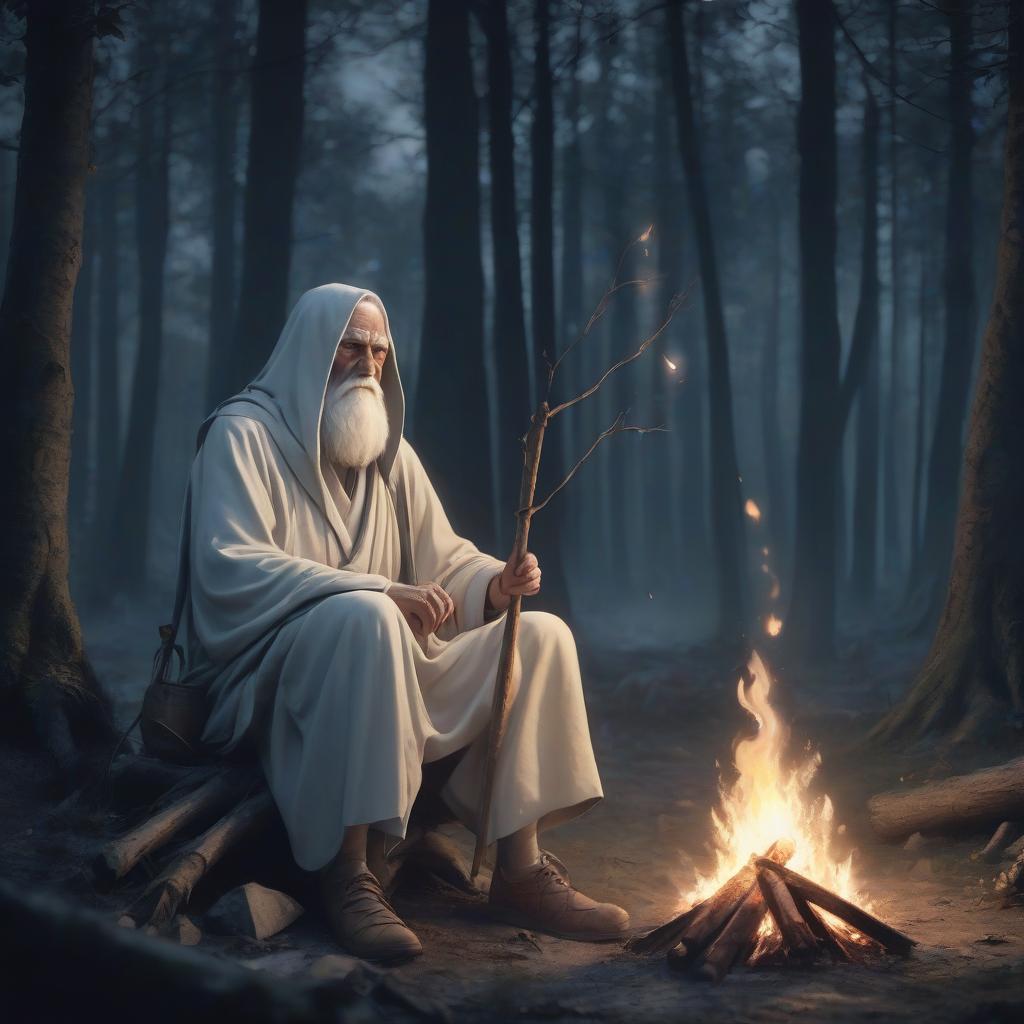  draw in like a sage in white sitting and with a stick at a bonfire in the forest at night with a 3d style, the face of the elder is not visible