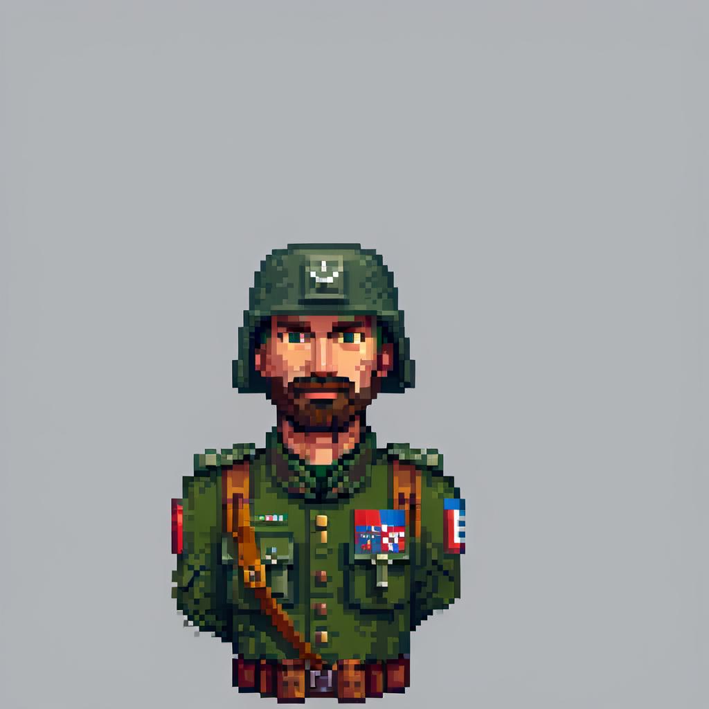  pixel art russian soldier pixel icon in game . low res, blocky, pixel art style, 8 bit graphics hyperrealistic, full body, detailed clothing, highly detailed, cinematic lighting, stunningly beautiful, intricate, sharp focus, f/1. 8, 85mm, (centered image composition), (professionally color graded), ((bright soft diffused light)), volumetric fog, trending on instagram, trending on tumblr, HDR 4K, 8K