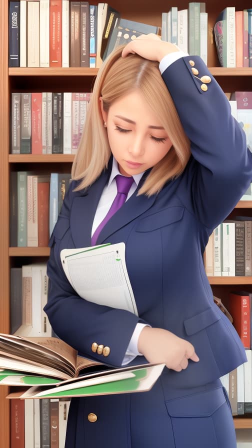  Woman rubbing her eyes while reading a book, uniform.