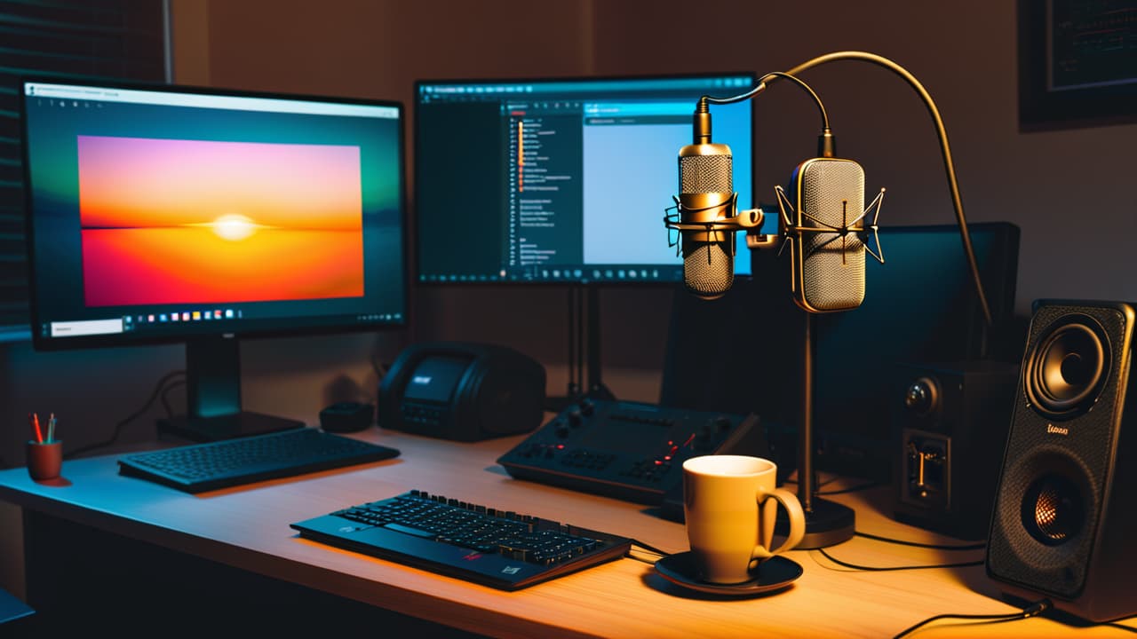  a cozy home studio with a microphone, headphones, and a laptop displaying audio editing software. soft lighting, soundproofing panels on the walls, and a cup of coffee on the desk create an inviting atmosphere. hyperrealistic, full body, detailed clothing, highly detailed, cinematic lighting, stunningly beautiful, intricate, sharp focus, f/1. 8, 85mm, (centered image composition), (professionally color graded), ((bright soft diffused light)), volumetric fog, trending on instagram, trending on tumblr, HDR 4K, 8K